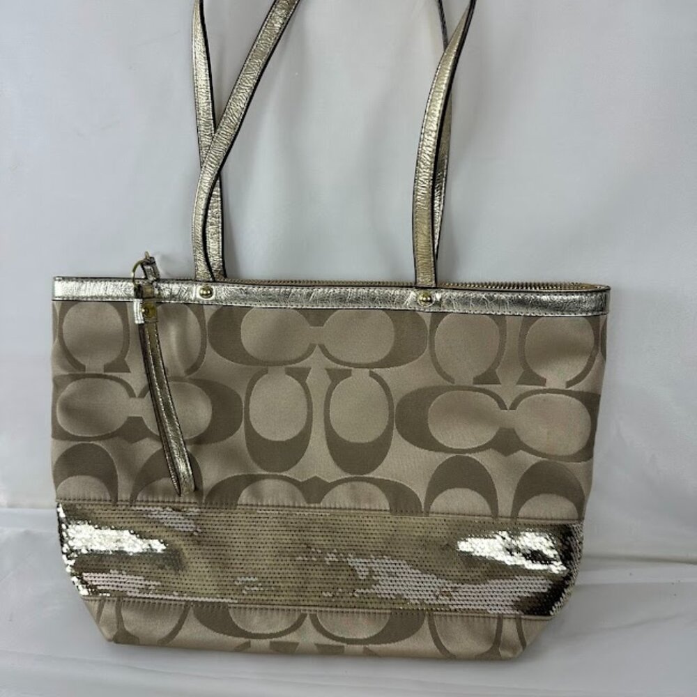 Coach Gold Jacquard Signature Gold Sequins Zip Tote Top Handle Purse